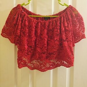 Ambiance Red Lace Off-the-Shoulder Crop Top